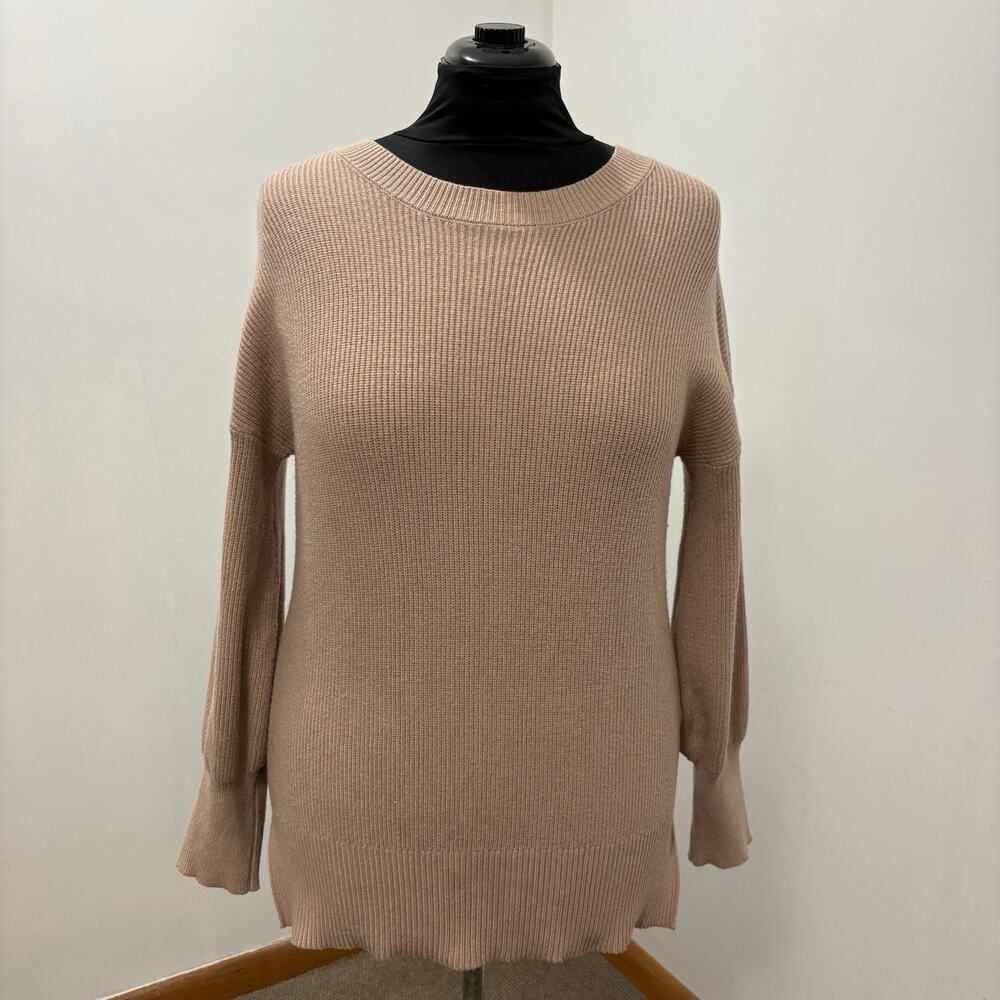Women's Cozy Ribbed Knit Crewneck Sweater Khaki Beige Size Large Soft Blend
